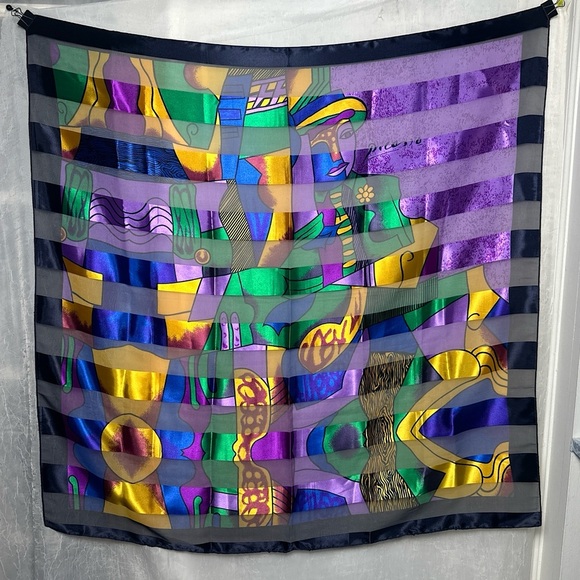 Vintage Picasso Multi Colored Cubist Abstract Artsy Silk Scarf Wrap Tapestry - Picture 10 of 14